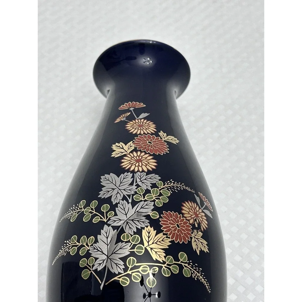 Japanese Cobalt Blue Porcelain Flower Floral Vase W/Gold‎ & Silver Leaf 10